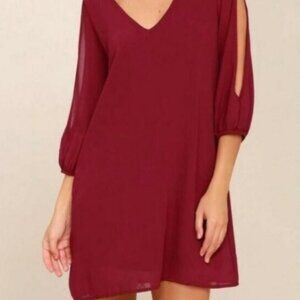 Lulus Mini Dress/Tunic Split Sheer Sleeve Wine Red LARGE NWOT $138 Retail